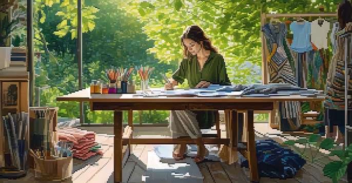 A fashion designer working outdoors with sustainable materials, surrounded by fabrics and sketches, with sunlight filtering through trees.