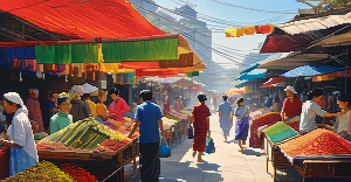 A busy street market in Southeast Asia filled with colorful textiles and traditional garments, under warm sunlight.
