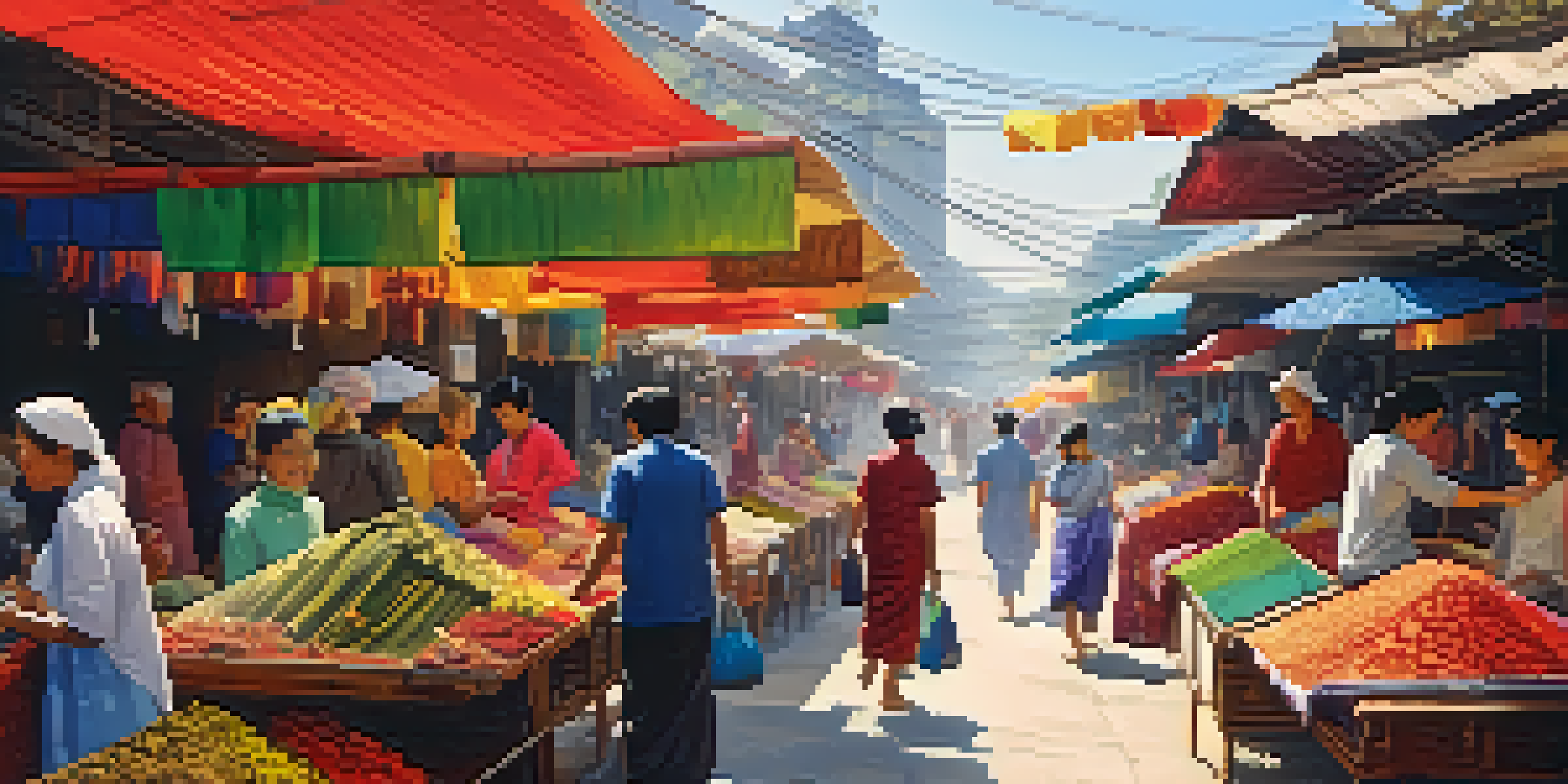 A busy street market in Southeast Asia filled with colorful textiles and traditional garments, under warm sunlight.