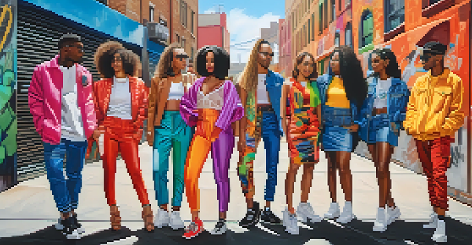 A diverse group of individuals in colorful outfits standing confidently in an urban setting, surrounded by graffiti art and sunlight.