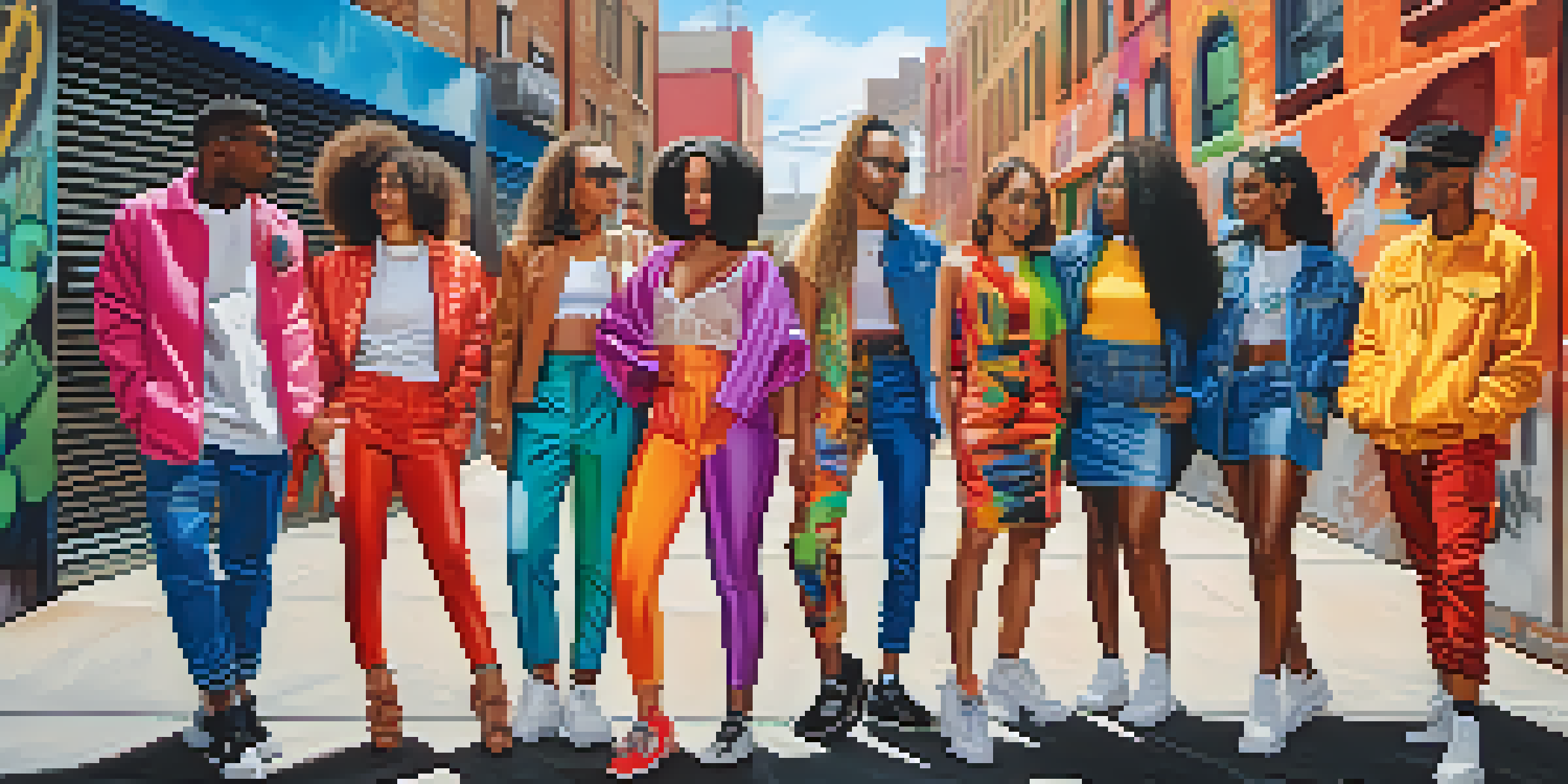 A diverse group of individuals in colorful outfits standing confidently in an urban setting, surrounded by graffiti art and sunlight.