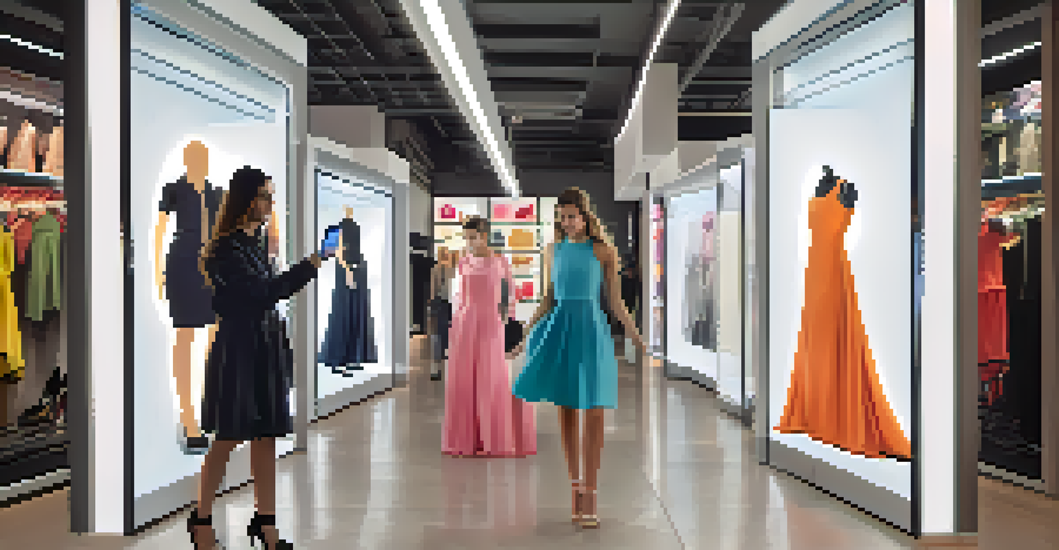 A customer using augmented reality in a boutique to visualize clothing options around her.