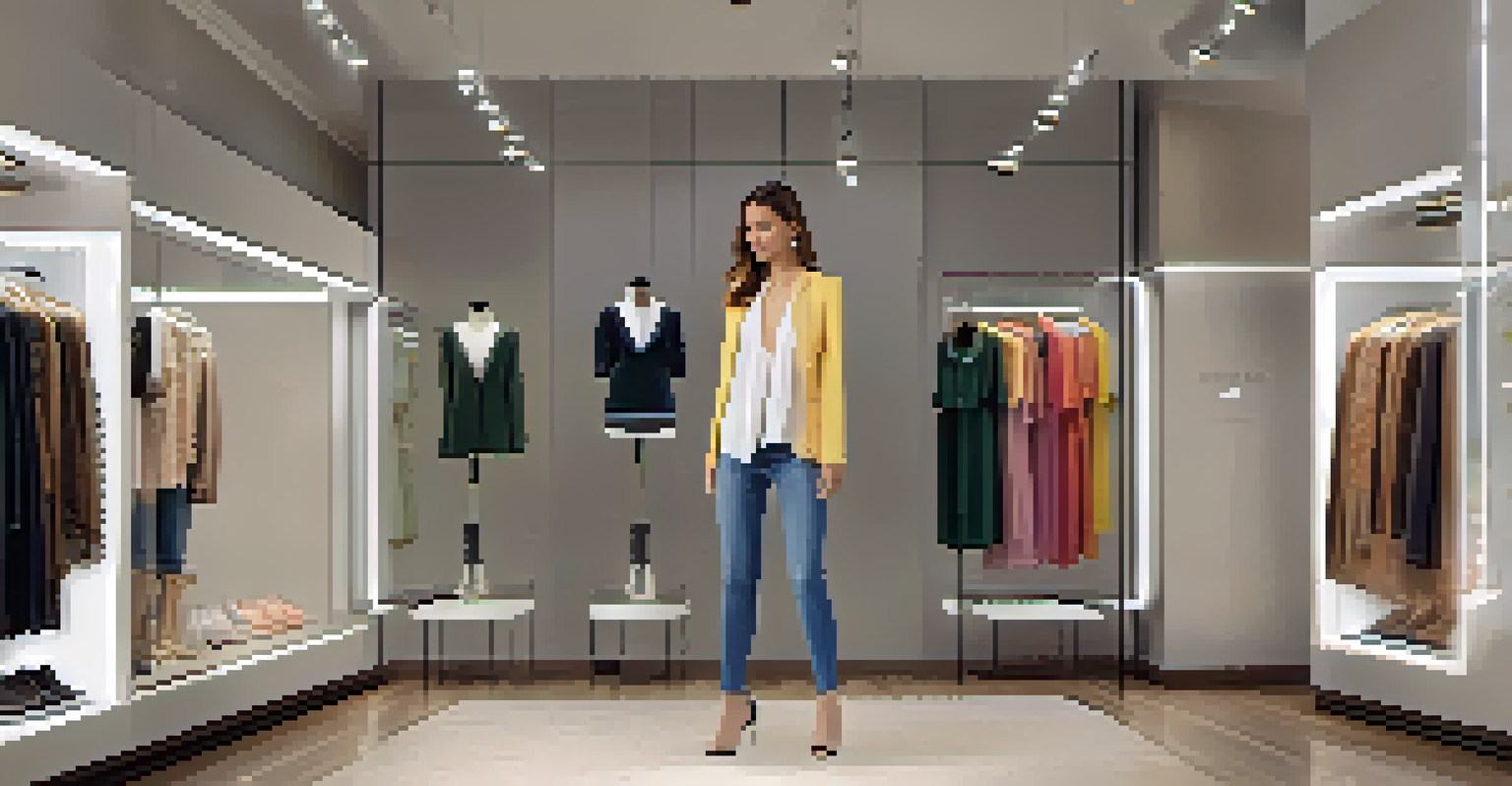 A customer interacting with a smart mirror in a clothing store, which displays outfit suggestions.