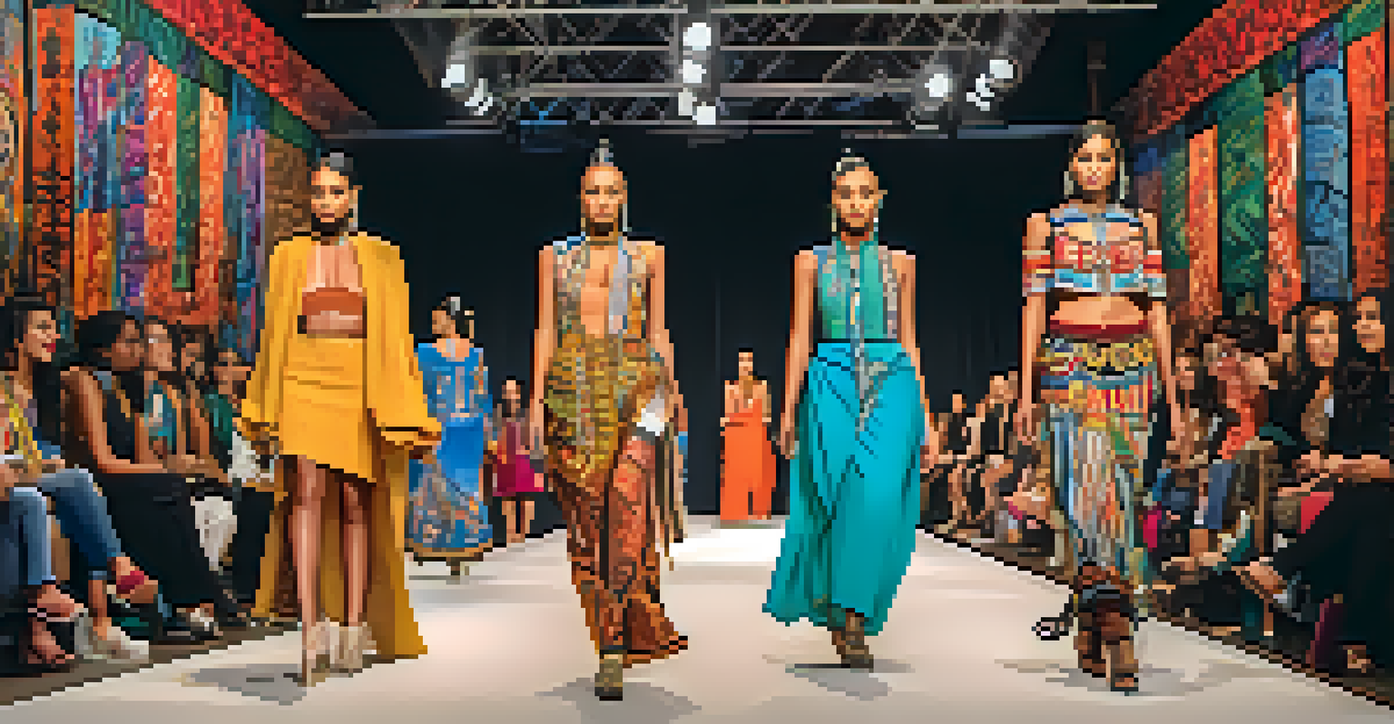 A dynamic fashion show with models wearing modern Indigenous designs on a runway, surrounded by an engaged audience and cultural art.