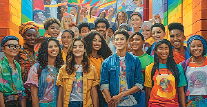 A lively street scene showcasing young activists in colorful, gender-neutral clothing with bold slogans against a vibrant mural celebrating diversity.