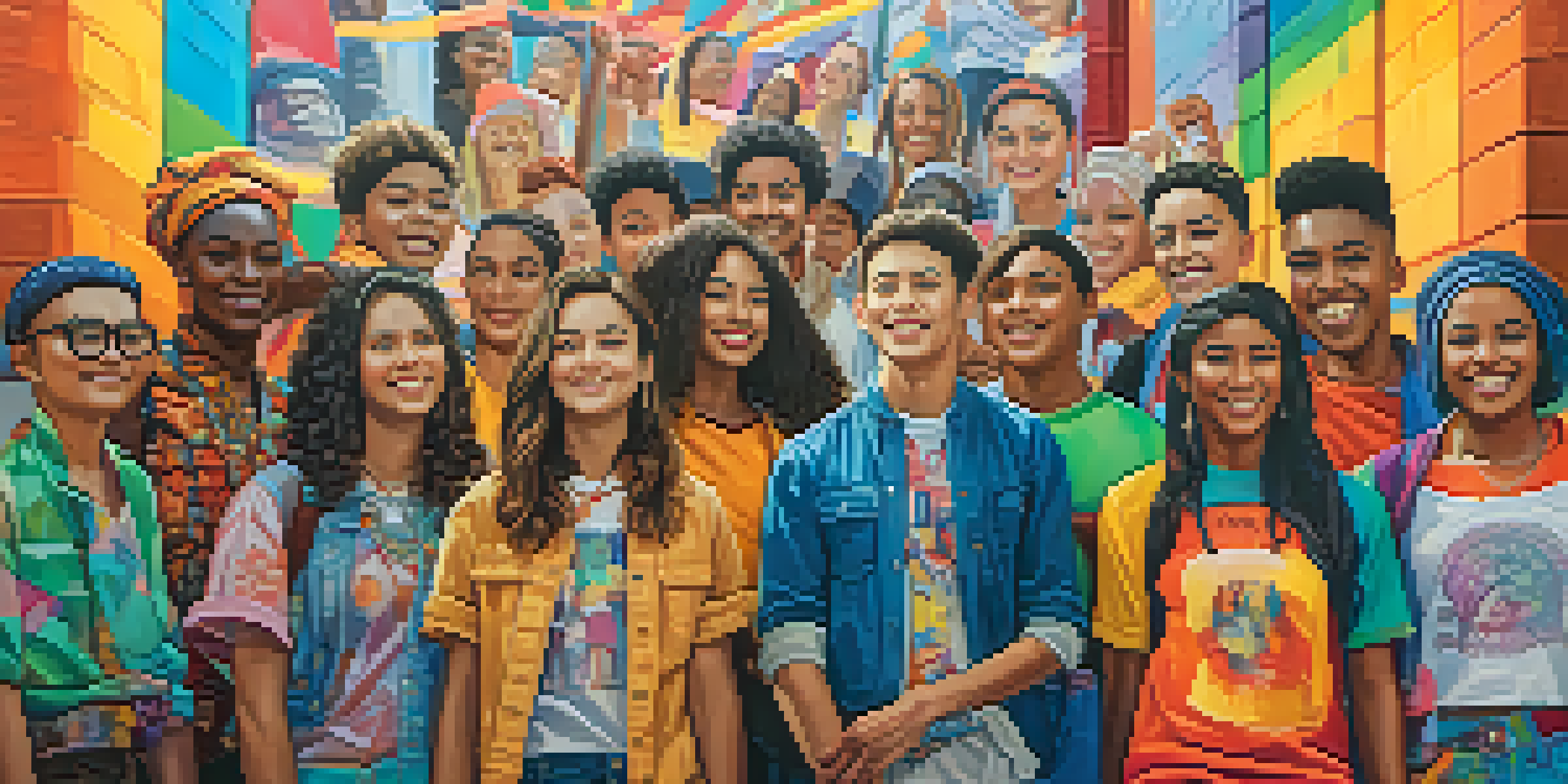 A lively street scene showcasing young activists in colorful, gender-neutral clothing with bold slogans against a vibrant mural celebrating diversity.