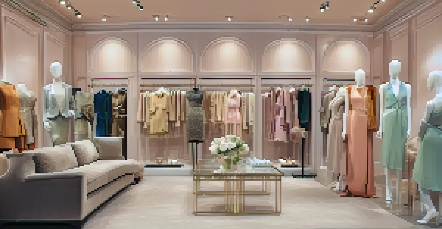 An elegant boutique interior showcasing chic outfits on mannequins, with warm lighting and stylish decor.