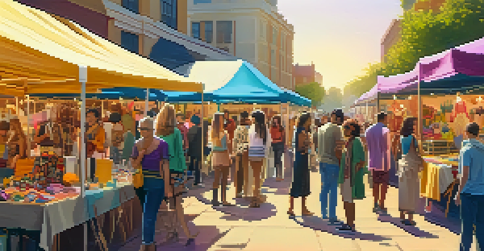 A lively pop-up market with colorful stalls showcasing handmade fashion items, people interacting, and food vendors, all under warm golden hour lighting.