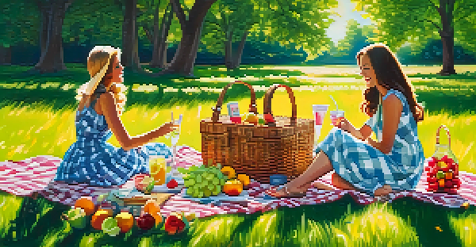 Two friends enjoying a summer picnic, wearing stylish dresses on a checkered blanket surrounded by greenery and flowers.