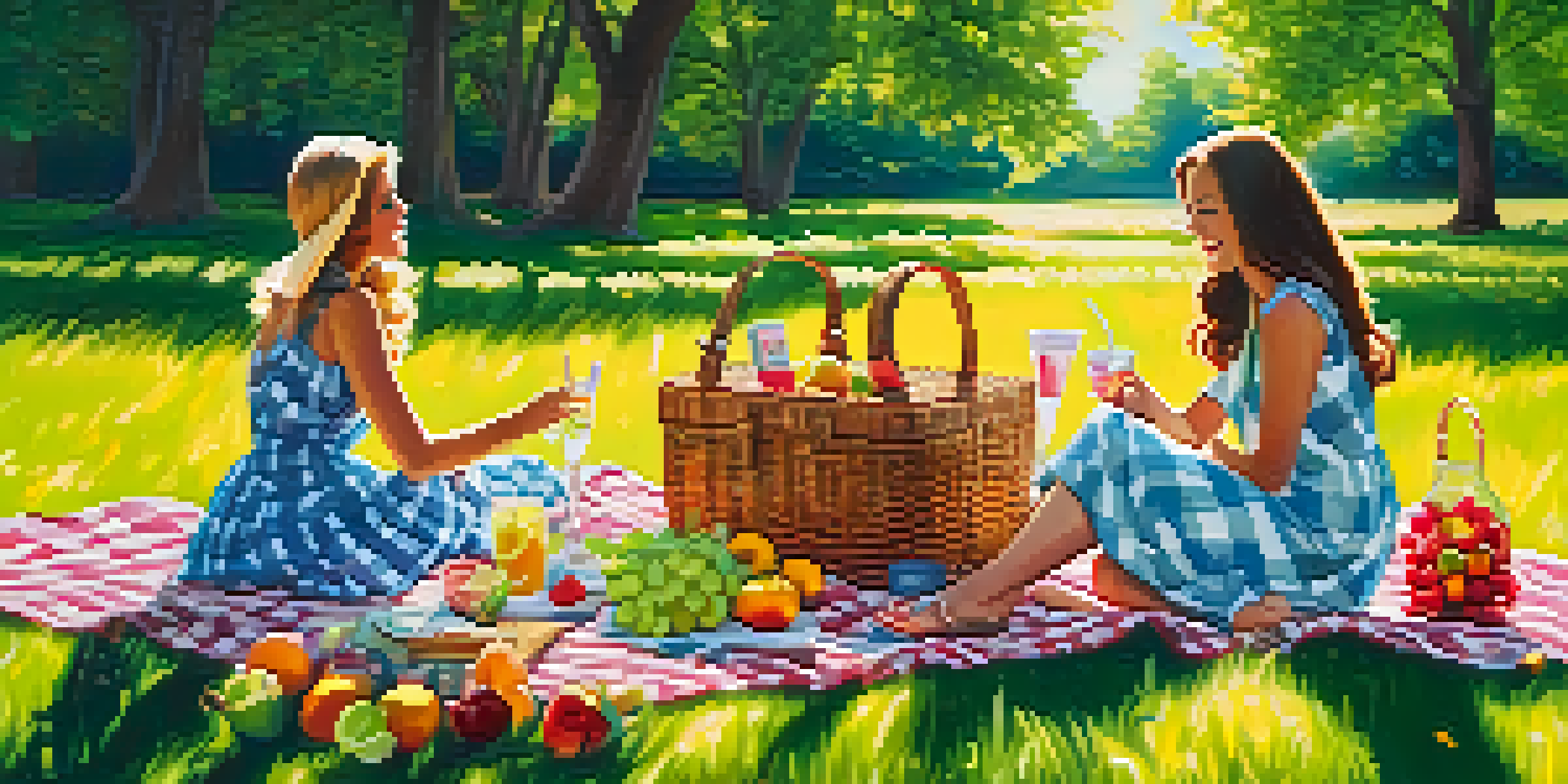Two friends enjoying a summer picnic, wearing stylish dresses on a checkered blanket surrounded by greenery and flowers.