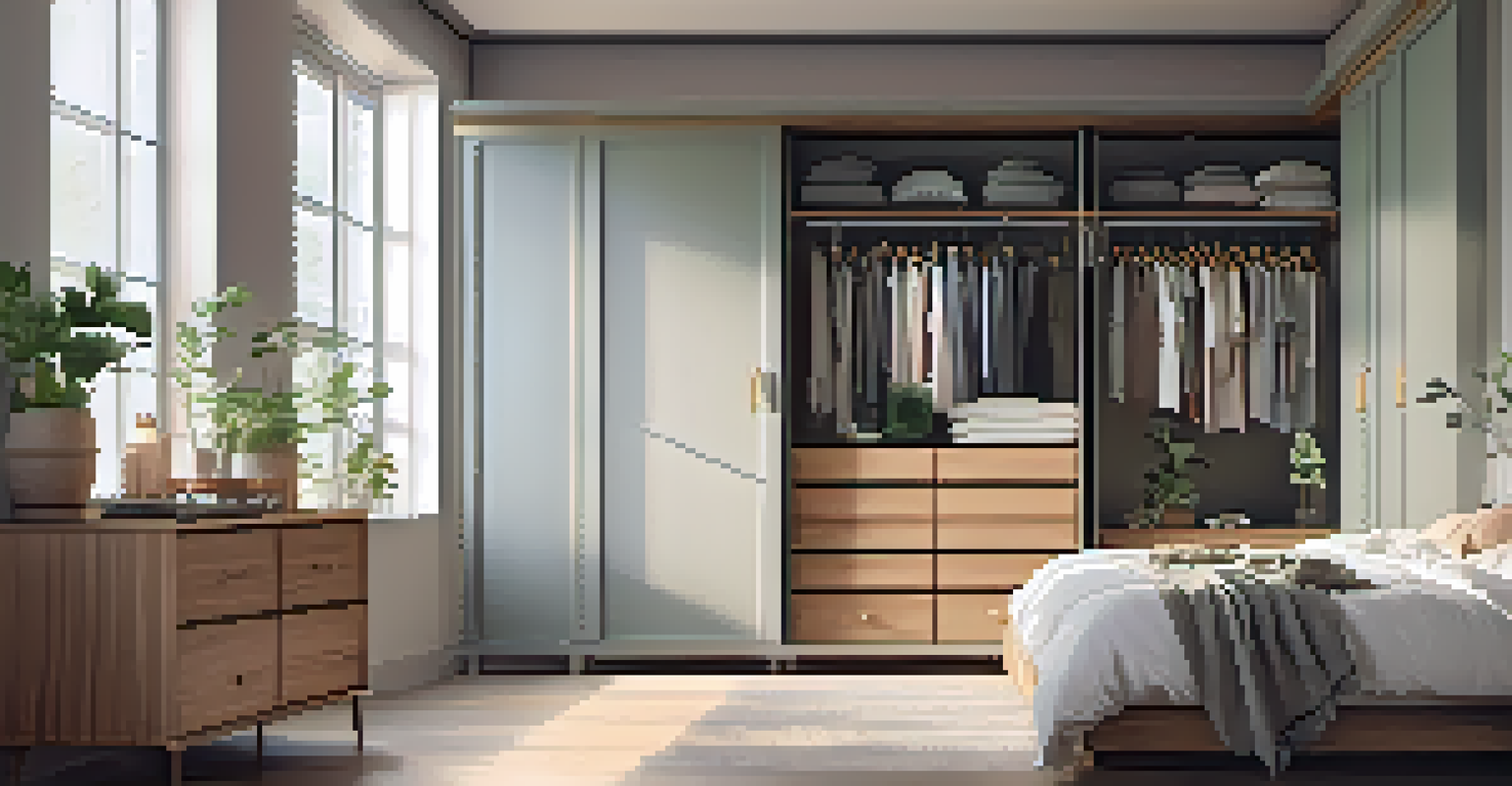 A cozy bedroom with a neatly organized capsule wardrobe and soft lighting, showcasing versatile clothing pieces.