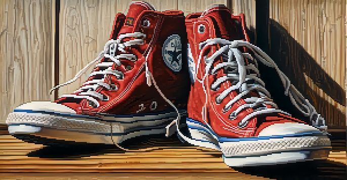 A close-up view of a vintage sneaker on a rustic wooden floor, with textured canvas and worn rubber sole.