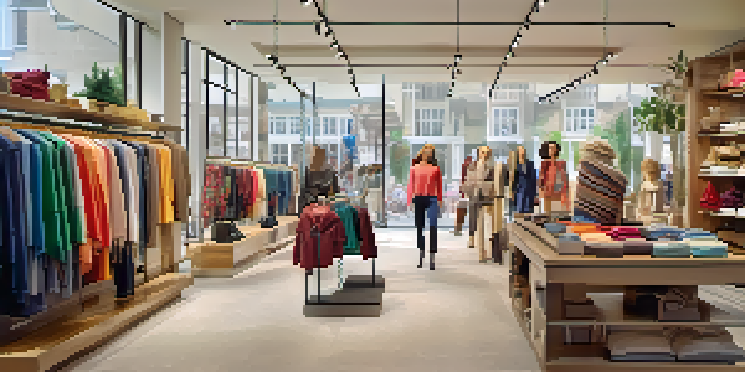 A bright and organized fashion store with colorful clothing displays and natural light, creating an inviting shopping atmosphere.
