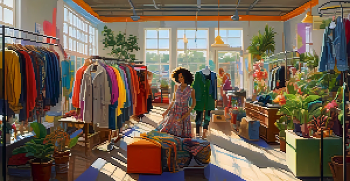 A lively thrift store with young shoppers looking at colorful vintage clothing and accessories under warm sunlight.