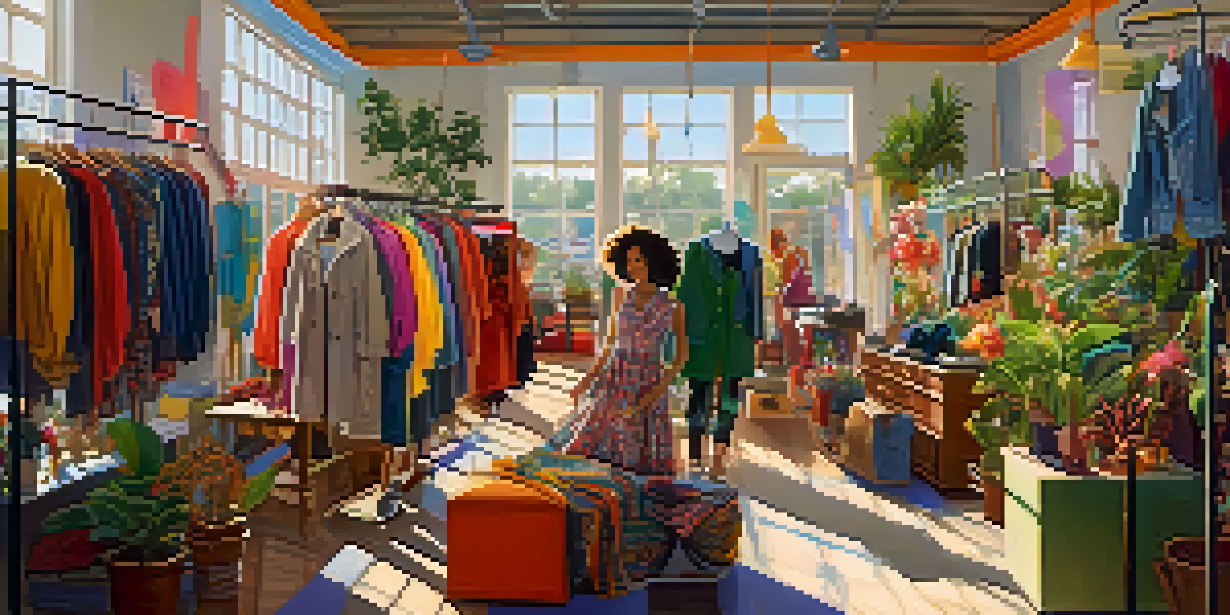 A lively thrift store with young shoppers looking at colorful vintage clothing and accessories under warm sunlight.