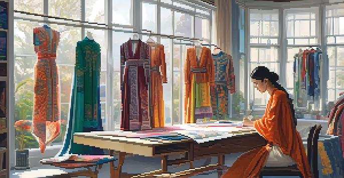 A designer sketching in a vibrant studio filled with diverse fabrics and traditional garments from various cultures, illuminated by natural light.