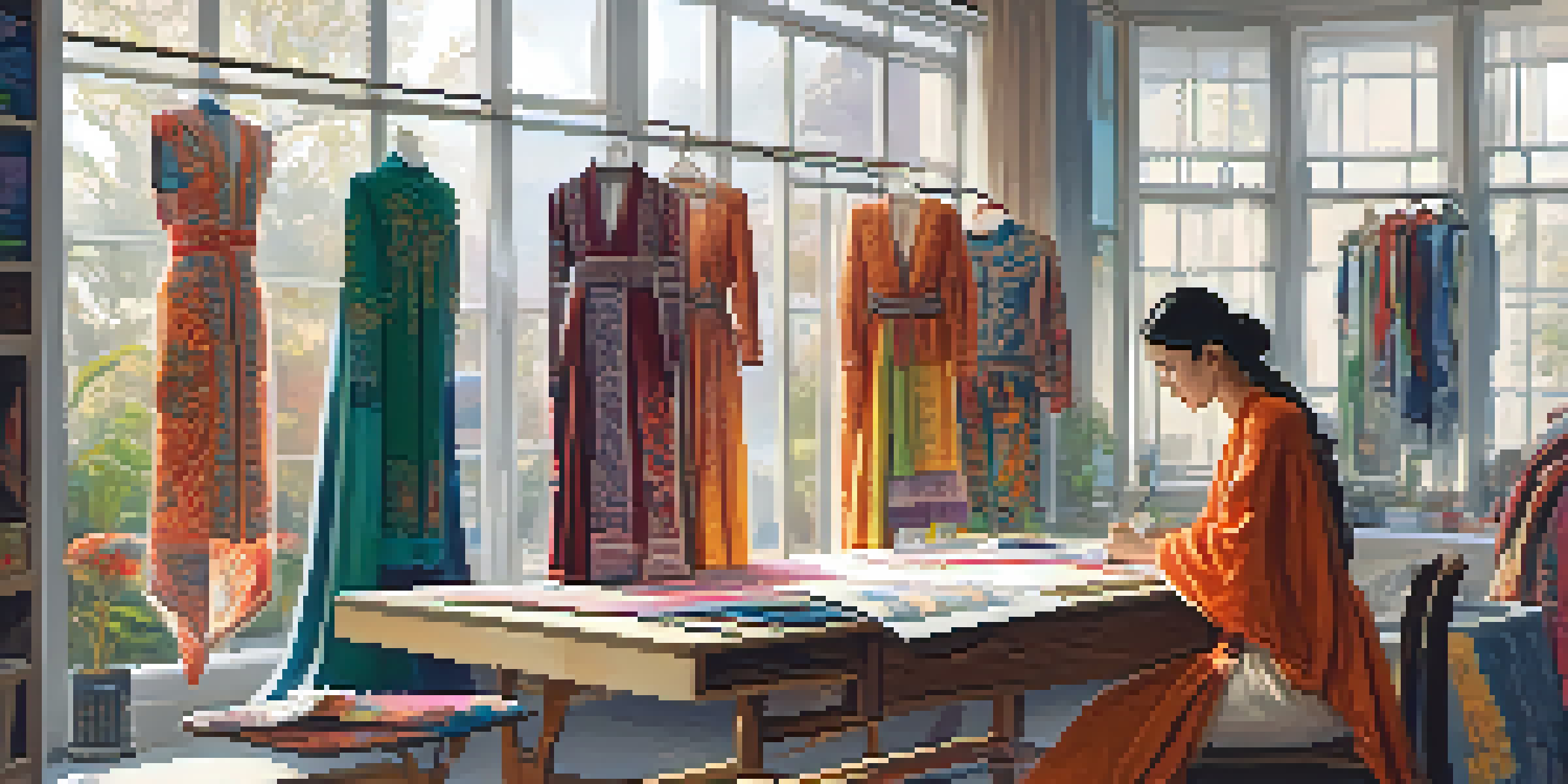 A designer sketching in a vibrant studio filled with diverse fabrics and traditional garments from various cultures, illuminated by natural light.
