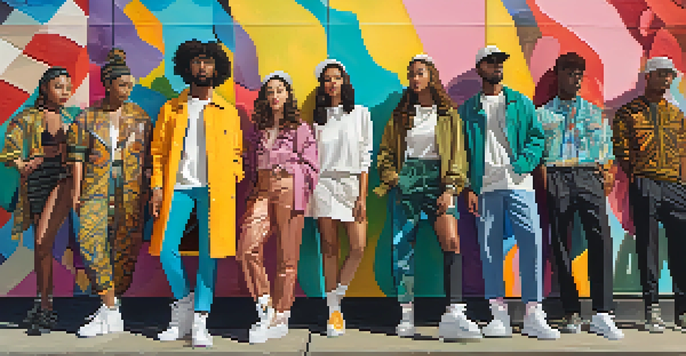 A lively urban scene featuring a diverse group of individuals in unisex clothing, surrounded by a colorful mural, with sunlight enhancing the textures of their outfits.