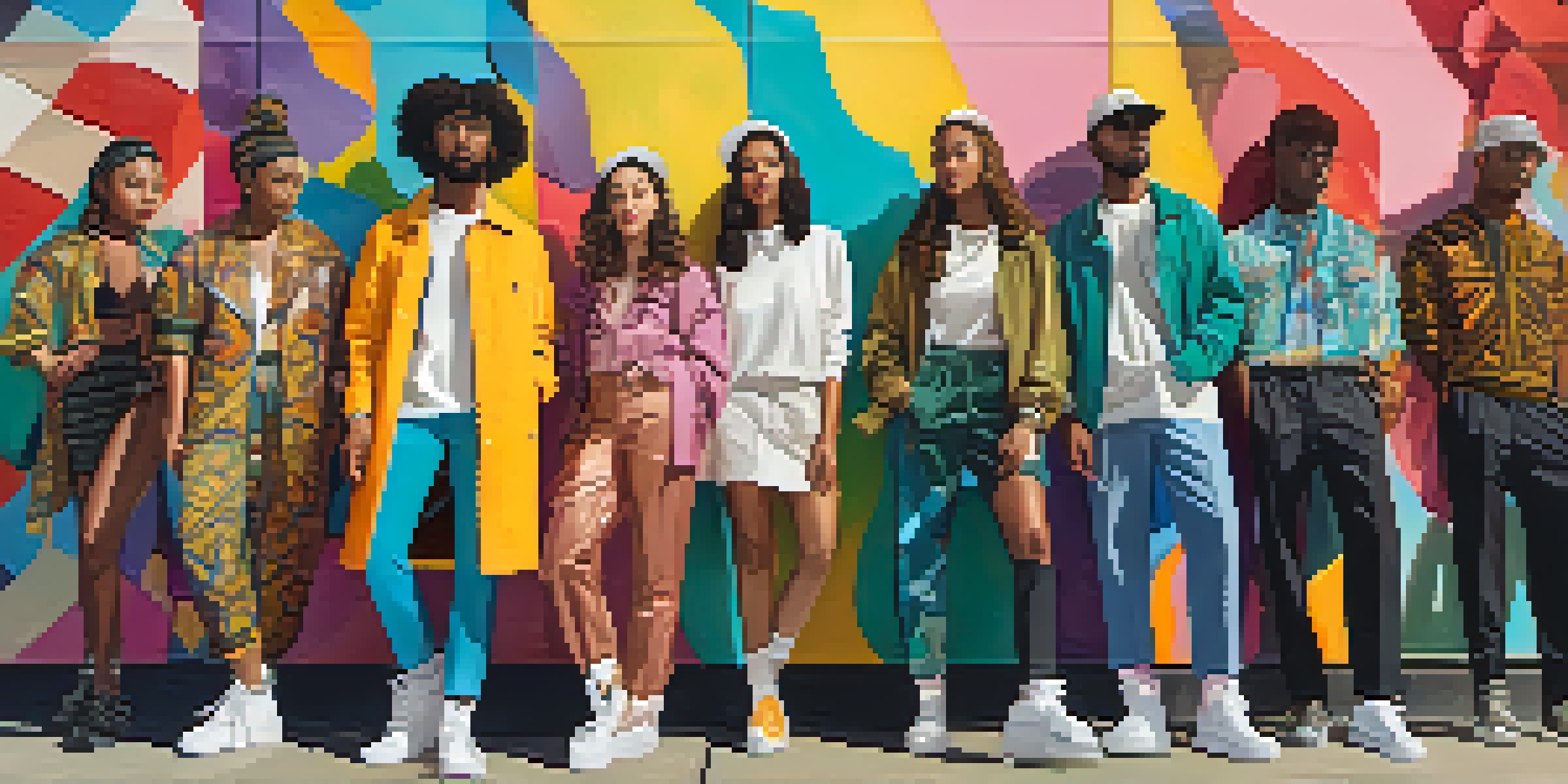 A lively urban scene featuring a diverse group of individuals in unisex clothing, surrounded by a colorful mural, with sunlight enhancing the textures of their outfits.