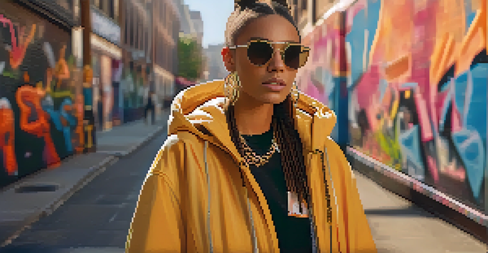 A fashion influencer posing confidently in a stylish outfit on a vibrant city street with graffiti and warm light.