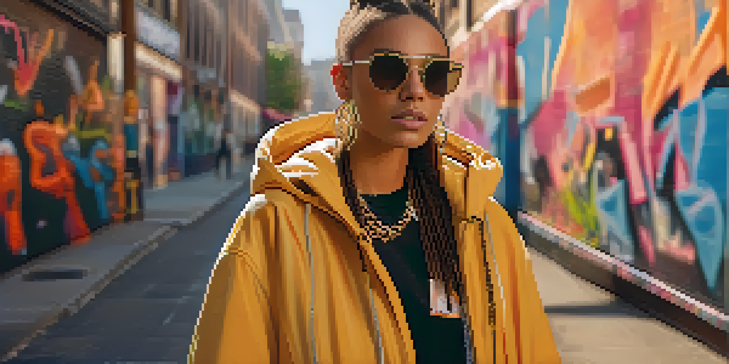 A fashion influencer posing confidently in a stylish outfit on a vibrant city street with graffiti and warm light.