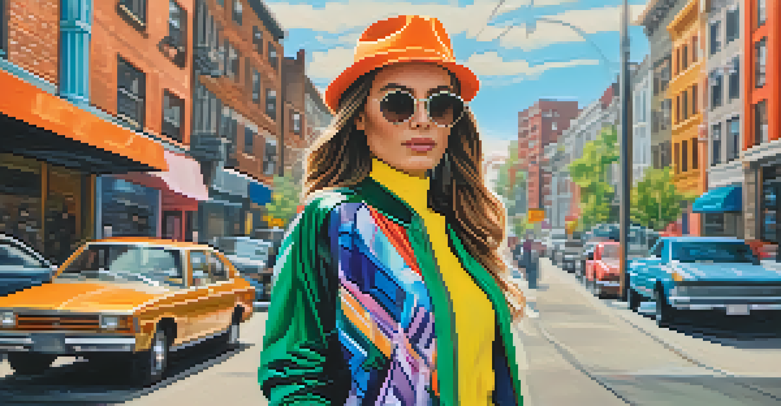 A fashion influencer posing in an urban setting, wearing a colorful outfit against city buildings.