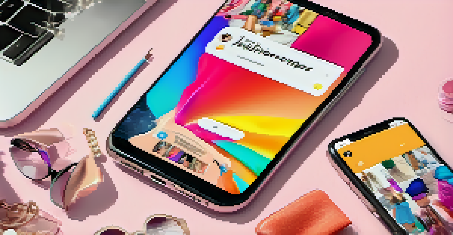 A close-up of a smartphone with a fashion-focused Instagram feed in a stylish workspace.