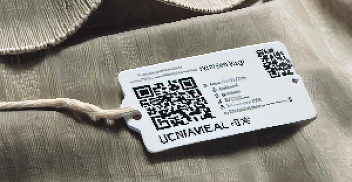 Close-up of a sustainable garment tag with a QR code attached to a fabric dress, showcasing eco-friendly materials and natural lighting.