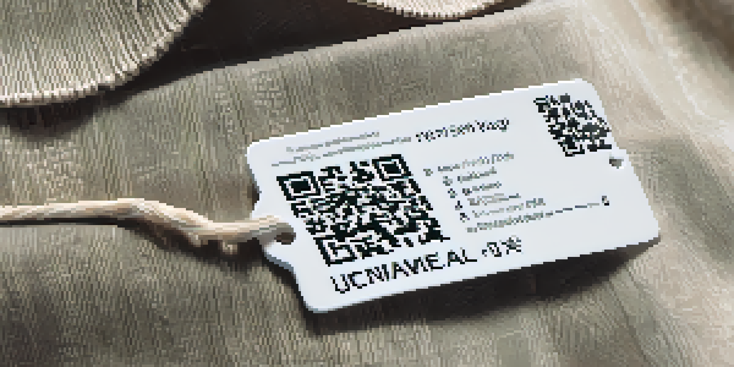 Close-up of a sustainable garment tag with a QR code attached to a fabric dress, showcasing eco-friendly materials and natural lighting.