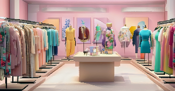 A digital fashion marketplace with colorful clothing from local designers, featuring accessibility icons and a user-friendly interface in a warm atmosphere.