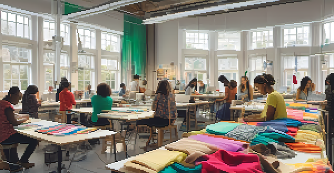 A community workshop with diverse individuals learning digital skills for sustainable fashion, surrounded by colorful fabrics and sewing machines.