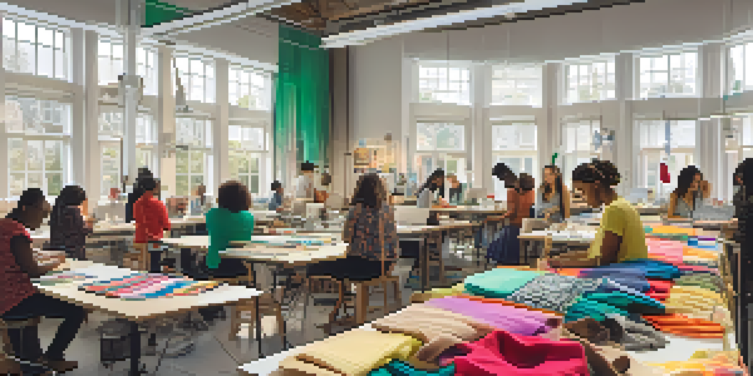 A community workshop with diverse individuals learning digital skills for sustainable fashion, surrounded by colorful fabrics and sewing machines.