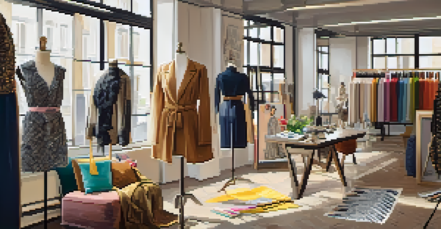 A designer's studio showcasing sketches and fabric swatches, blending Parisian fashion trends with local culture.