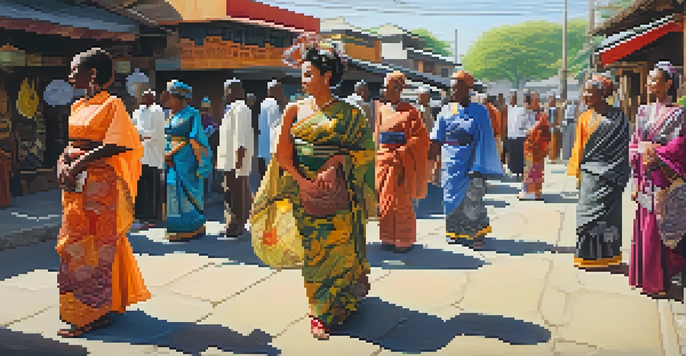 A lively street scene with people wearing diverse traditional attire, engaging in conversation and showcasing cultural diversity.
