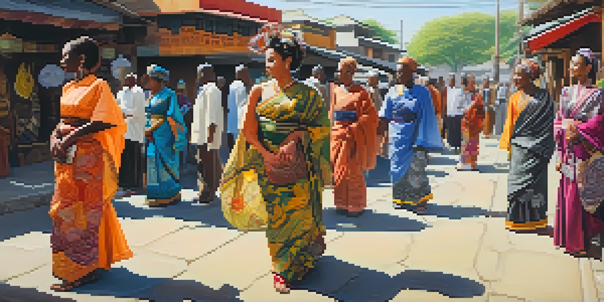 A lively street scene with people wearing diverse traditional attire, engaging in conversation and showcasing cultural diversity.
