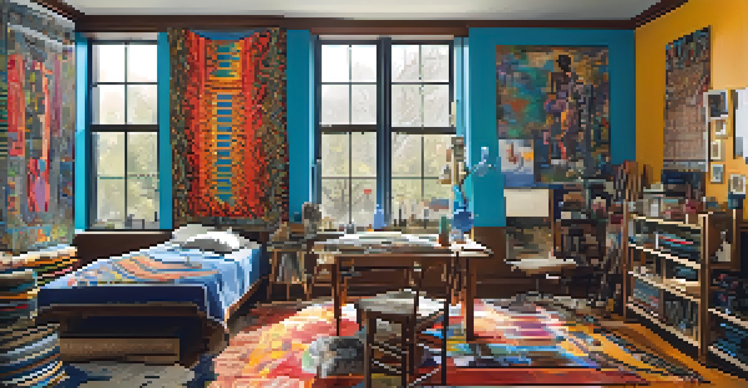 A designer's studio filled with African textiles, clothing sketches, and paint splatters, illuminated by natural light from large windows.
