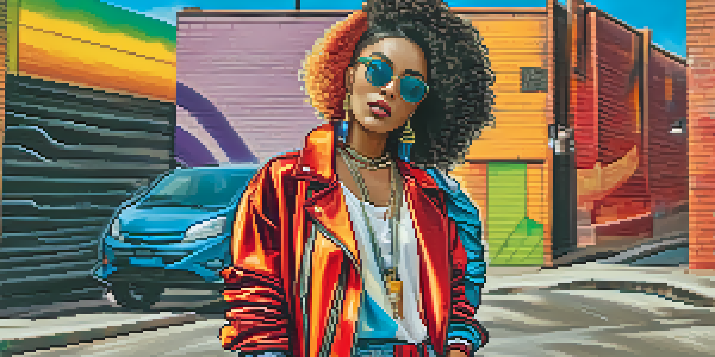 A digital fashion influencer in a colorful outfit poses against a graffiti wall, holding a smartphone during sunset.