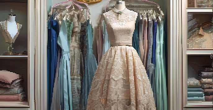 A vintage dress on a mannequin in a boutique, showcasing lace details and floral patterns with antique mirrors in the background.
