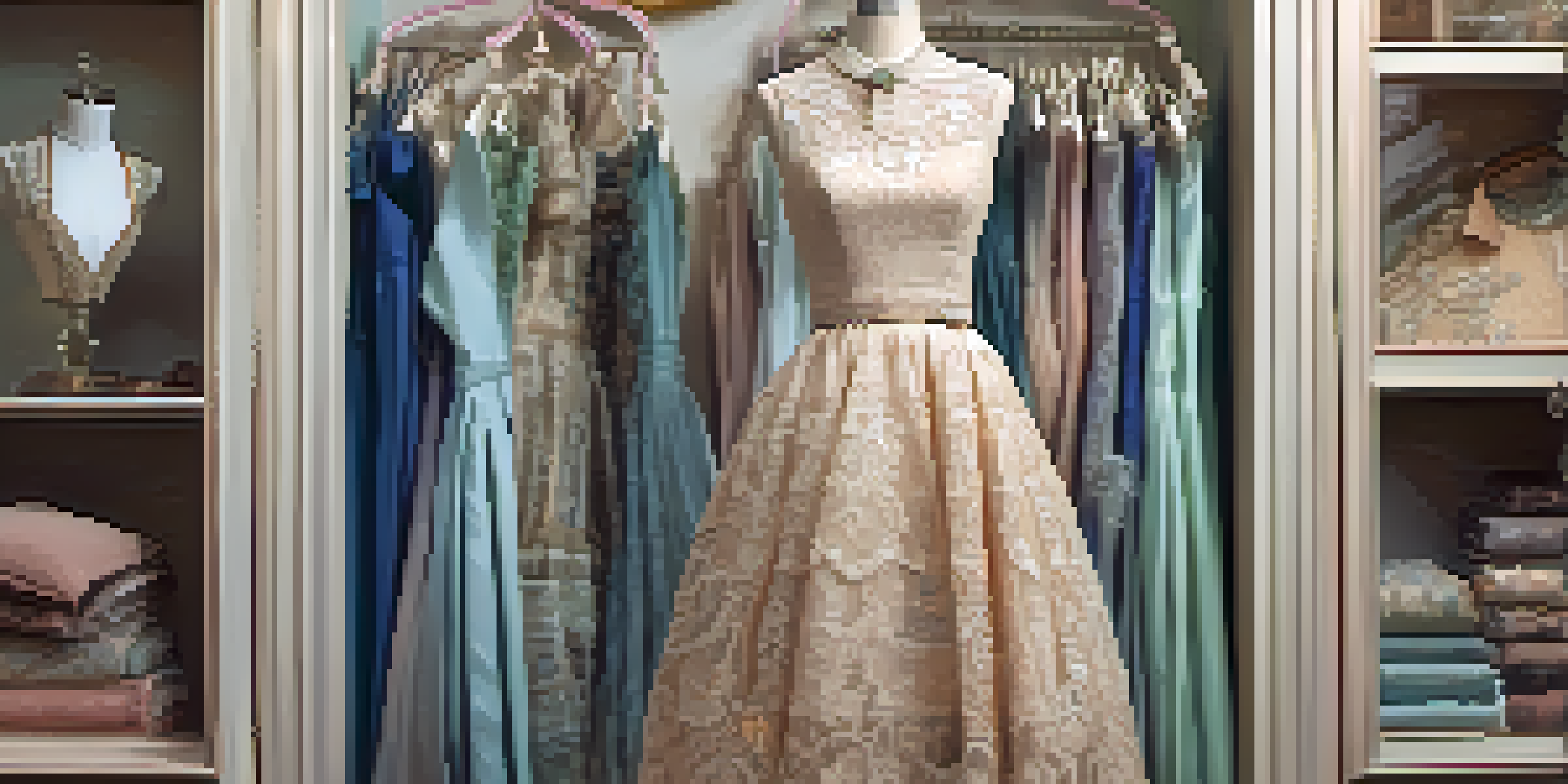 A vintage dress on a mannequin in a boutique, showcasing lace details and floral patterns with antique mirrors in the background.