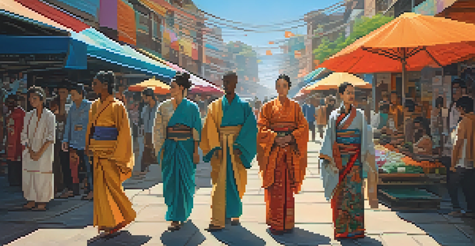 A colorful street scene with people wearing a mix of traditional and modern fashion styles, surrounded by murals and market stalls.