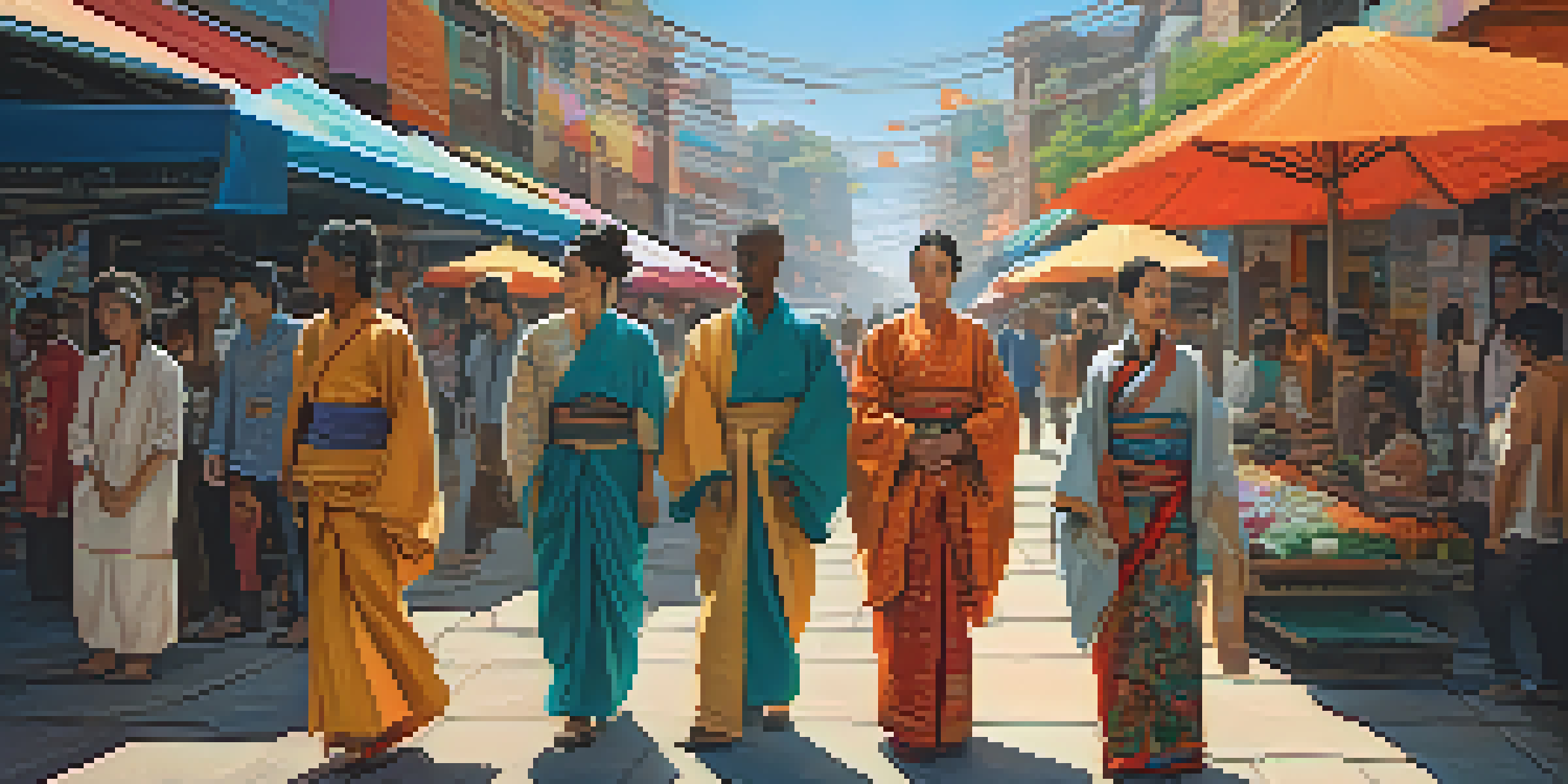 A colorful street scene with people wearing a mix of traditional and modern fashion styles, surrounded by murals and market stalls.