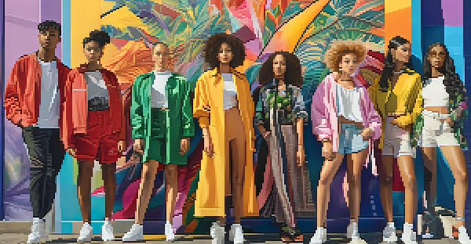 A diverse group of fashion models displaying various gender identities and body types against a colorful mural, highlighting inclusivity in fashion.