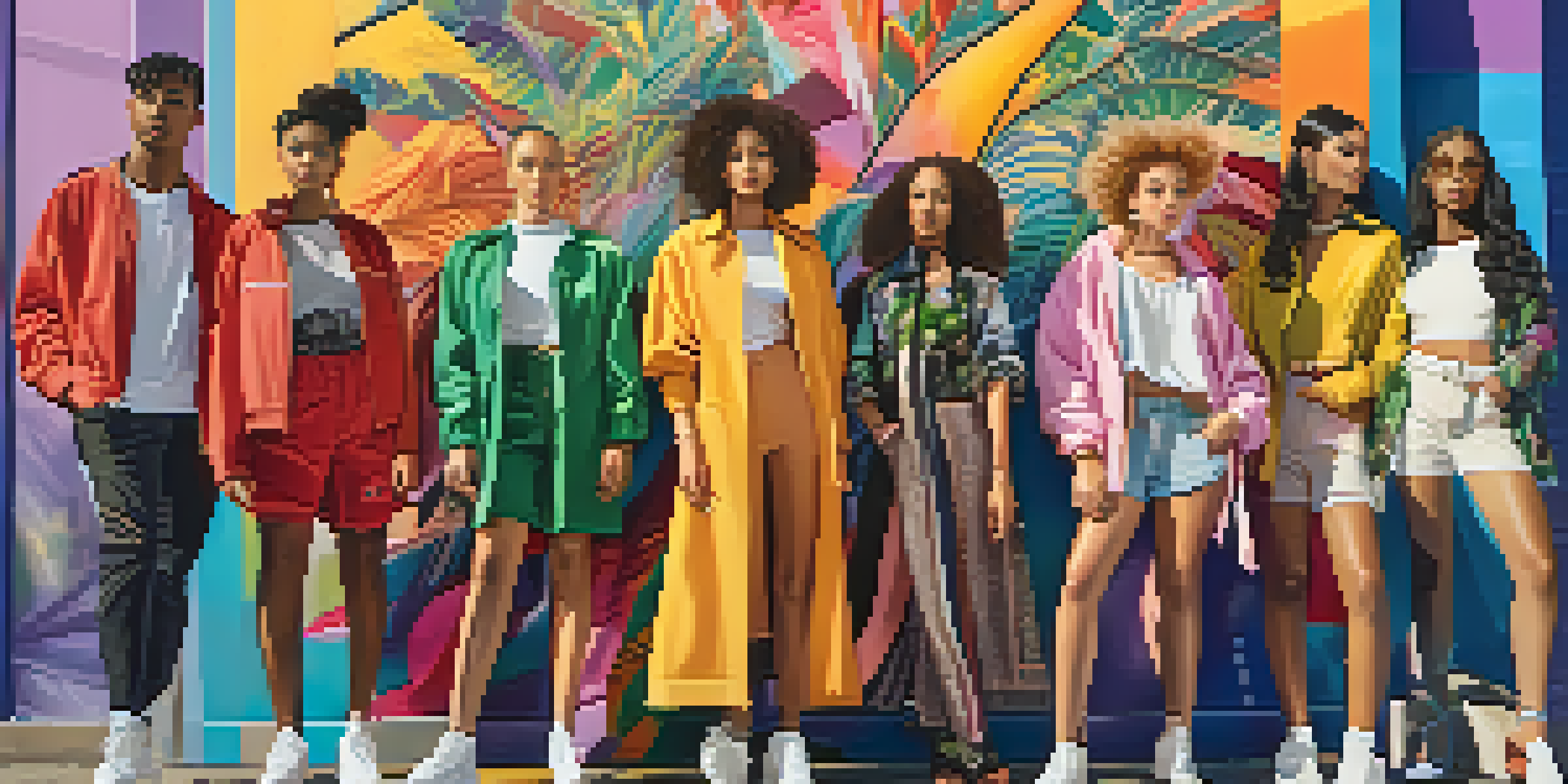 A diverse group of fashion models displaying various gender identities and body types against a colorful mural, highlighting inclusivity in fashion.