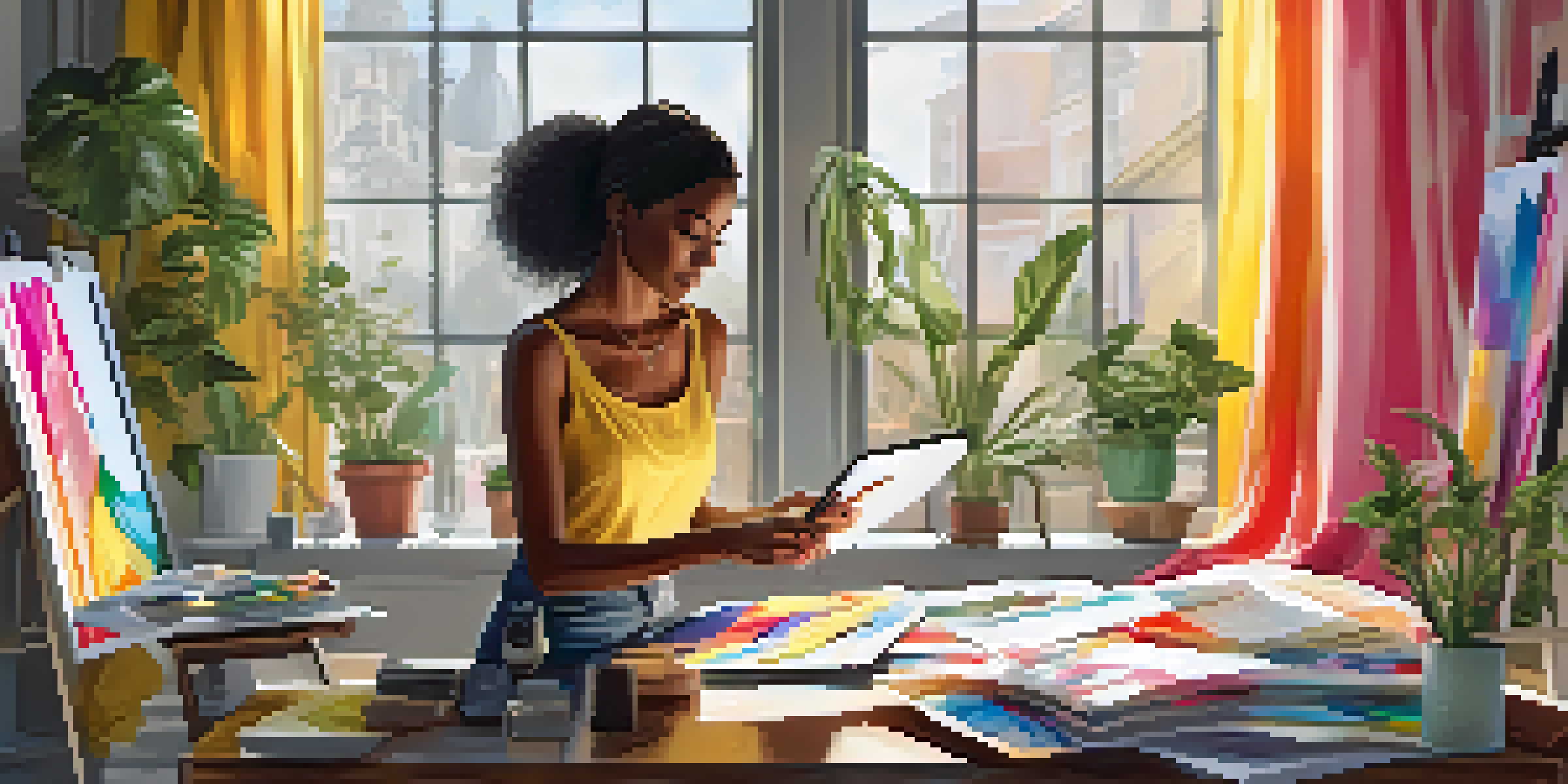A fashion designer at work with a digital tablet, fabric swatches, and sketches in a bright, sunlit room decorated with fashion posters and plants.