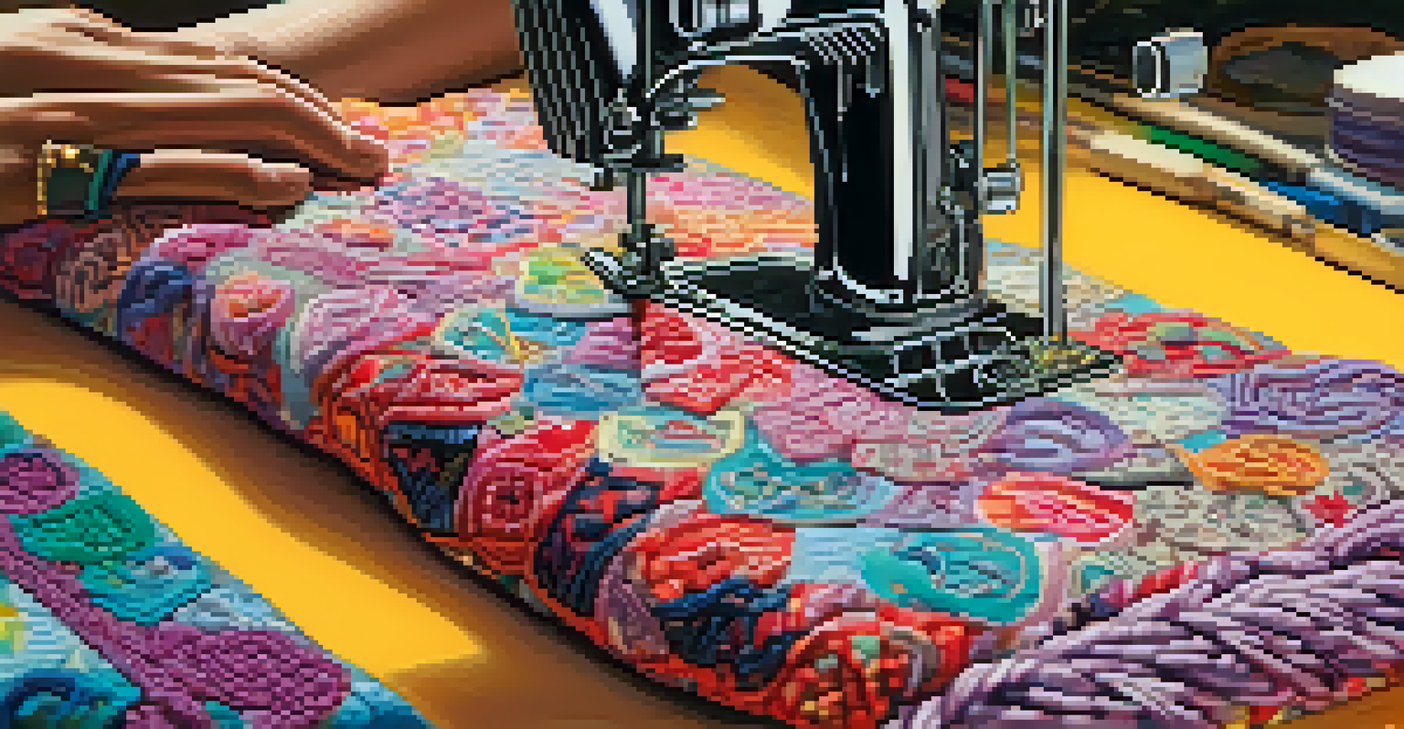 Close-up of hands holding colorful upcycled clothing, with a sewing machine in the background, highlighting sustainable fashion craftsmanship.