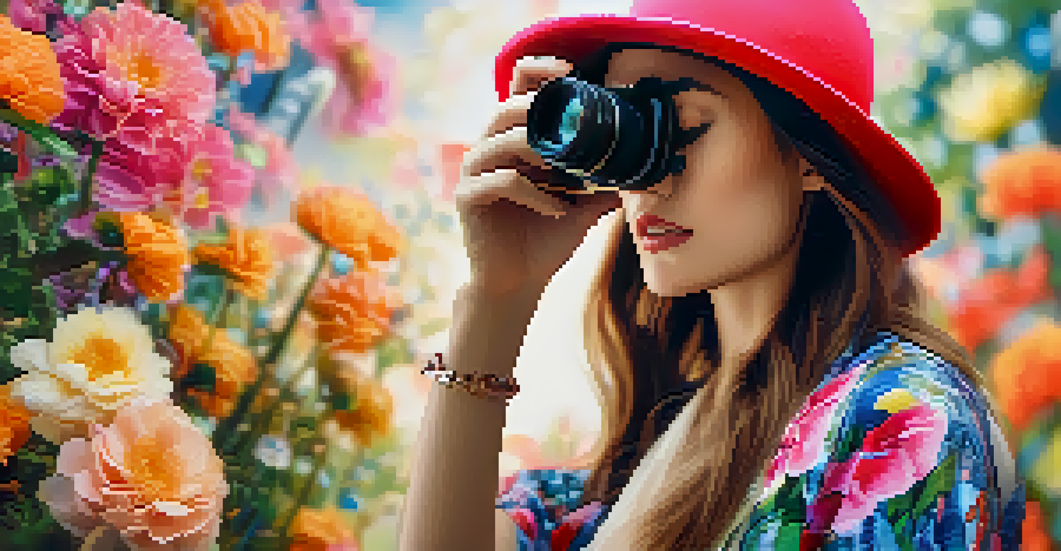 A fashion photographer capturing a model amidst colorful flowers, with a focus on the camera and soft background bokeh.