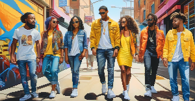 A lively urban scene with diverse individuals in colorful outfits, surrounded by graffiti and warm sunlight.