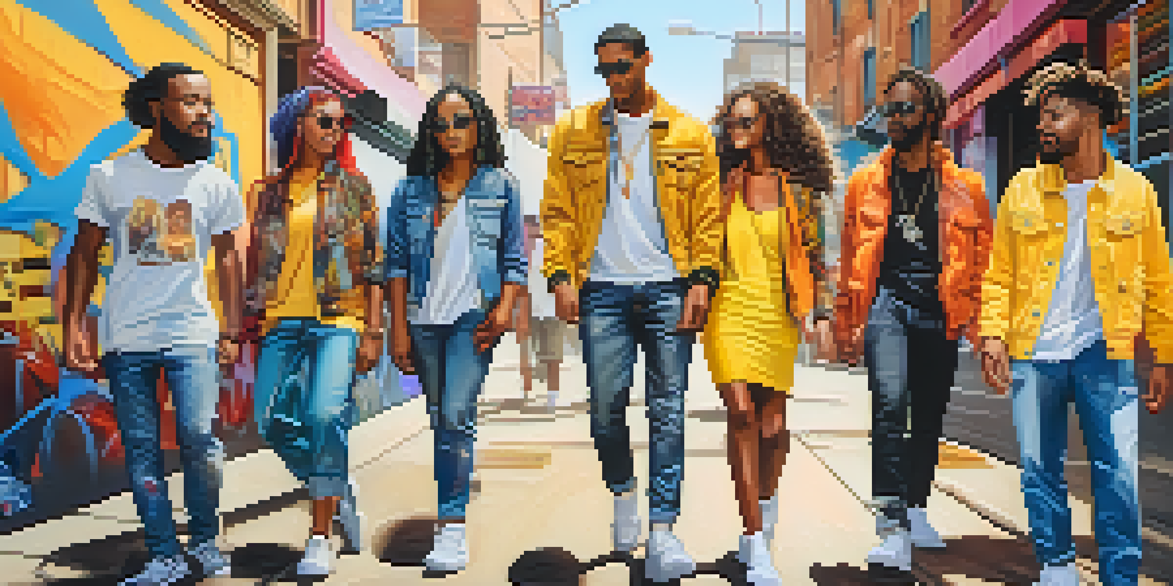 A lively urban scene with diverse individuals in colorful outfits, surrounded by graffiti and warm sunlight.