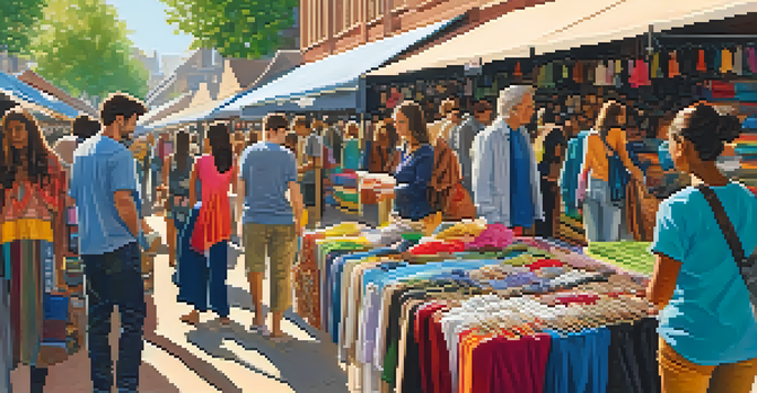 A lively market scene featuring stalls of ethical fashion clothing made from sustainable materials, with diverse shoppers engaging with vendors.
