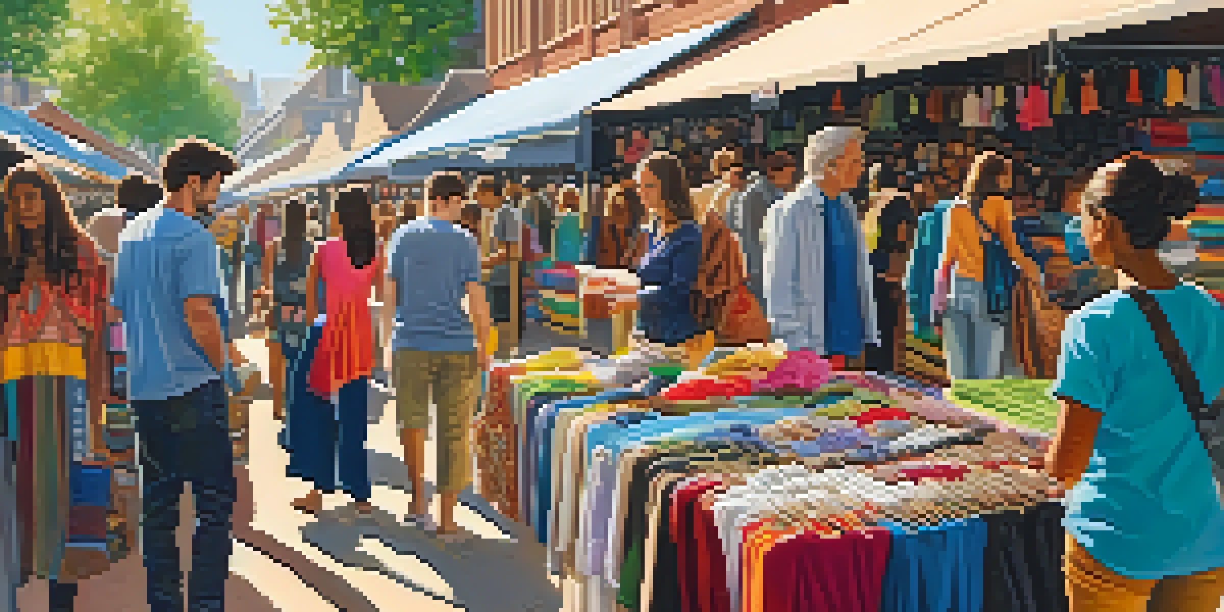 A lively market scene featuring stalls of ethical fashion clothing made from sustainable materials, with diverse shoppers engaging with vendors.